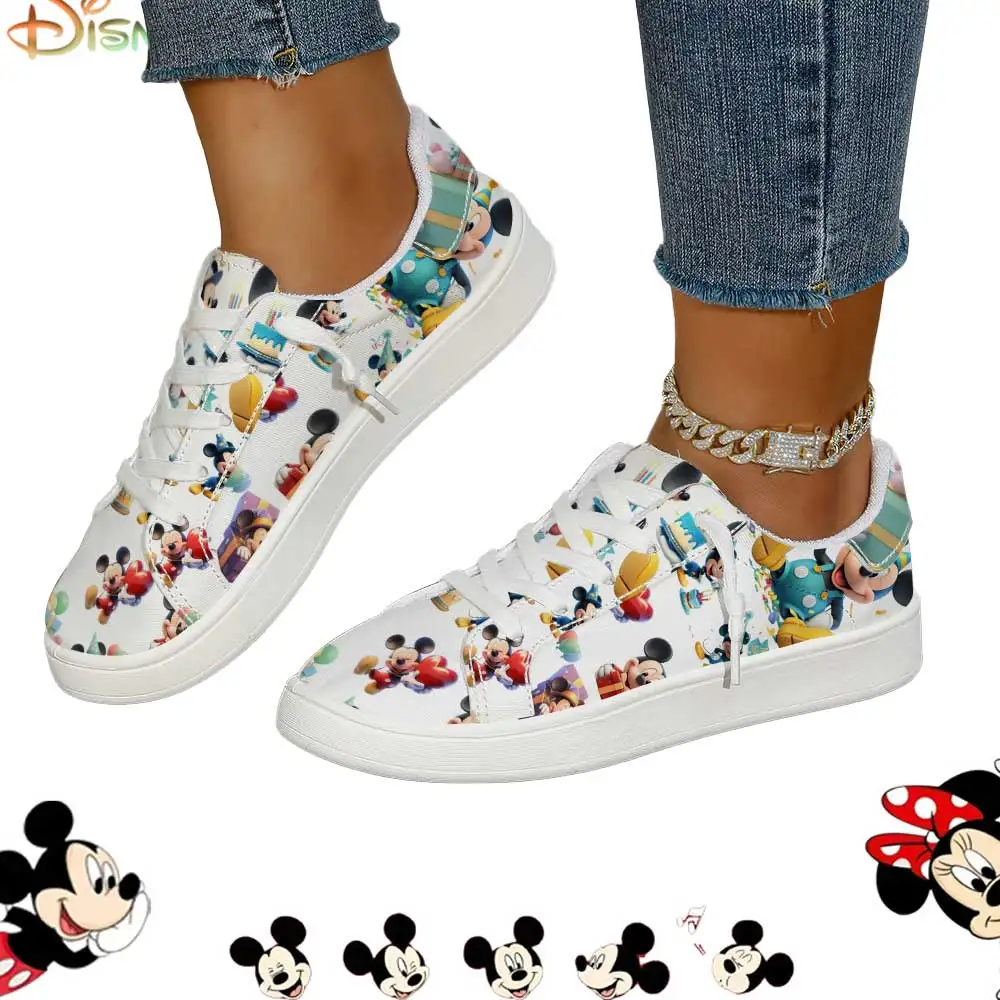 

Disney Mickey Mouse Birthday Party All-Over Print Low-Top White Canvas Sneakers for Women Casual Shoes