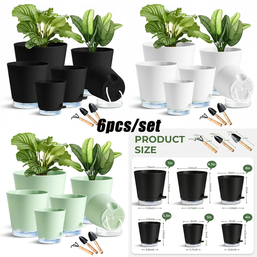 Modern Self-Watering Planter Set of 6 with Transparent Base Watering Spout Plastic Flower Pots for Desk Decor Garden Supplies