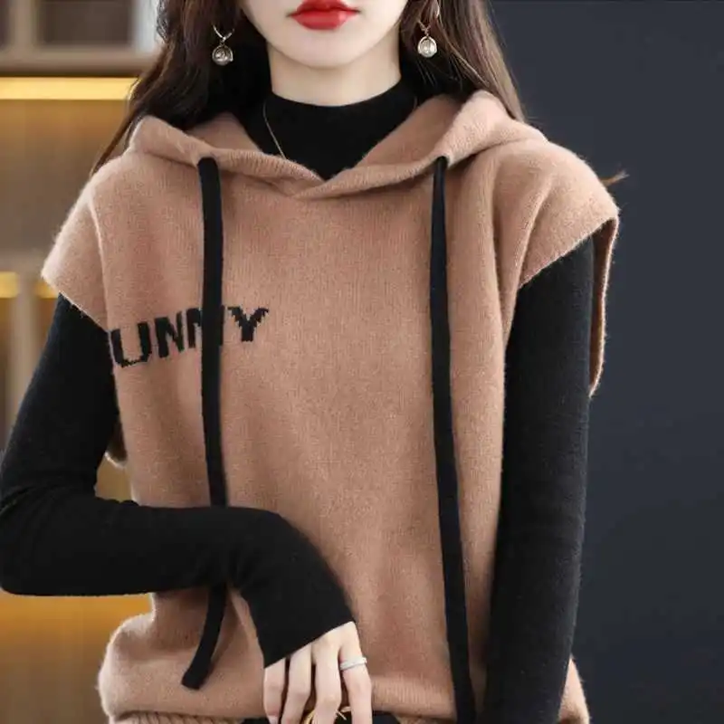 Винтажный жилет без рукавов с капюшоном, осень-зима, вязаный универсальный уличный повседневный пуловер с надписью, модная женская одежда в стиле Харадзюку