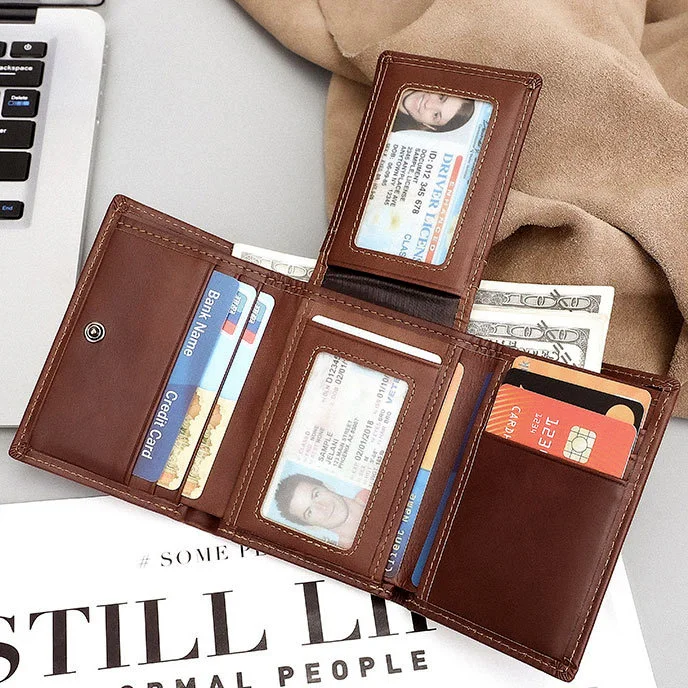 RFID Blocking Trifold Wallet Men Slim Top Grain Leather Credit Card Holder Vintage Cowhide Purse with Dual ID Windows