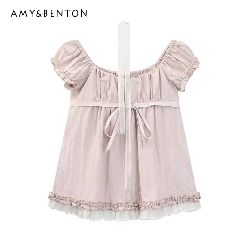 

Japanese Design Pink Square Collar Doll Feeling Bubble Sleeve Women's T-shirt 2026 New Sweet Loose Age Reduction Bow Top Ladies