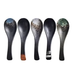 5Pcs Ceramic Spoon Vintage Japanese Style Tableware Soup Spoon Rice Spoon Restaurant Spoon Porridge Spoon Porcelain Spoon