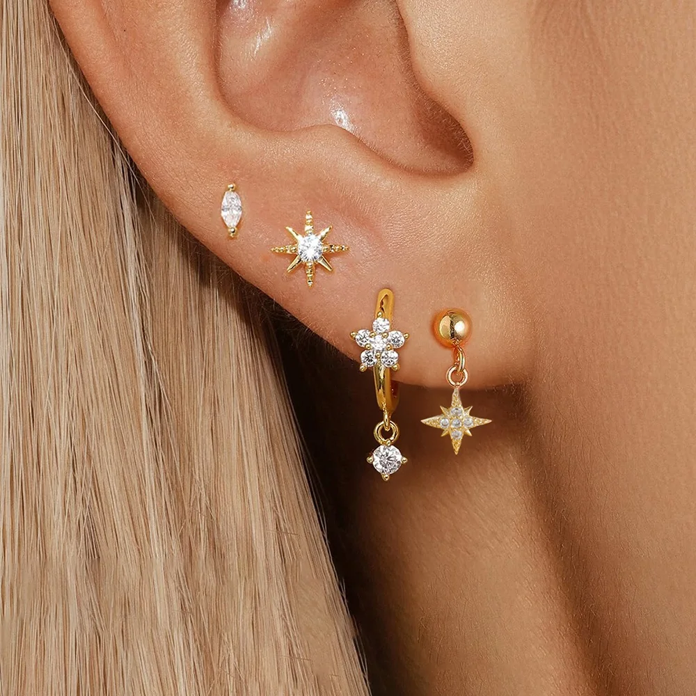 4PCS 14K Gold Plated Little Crystal Star Stud Earrings Set for Women Stainless Steel Piercing Earring Aesthetic Jewelry aretes