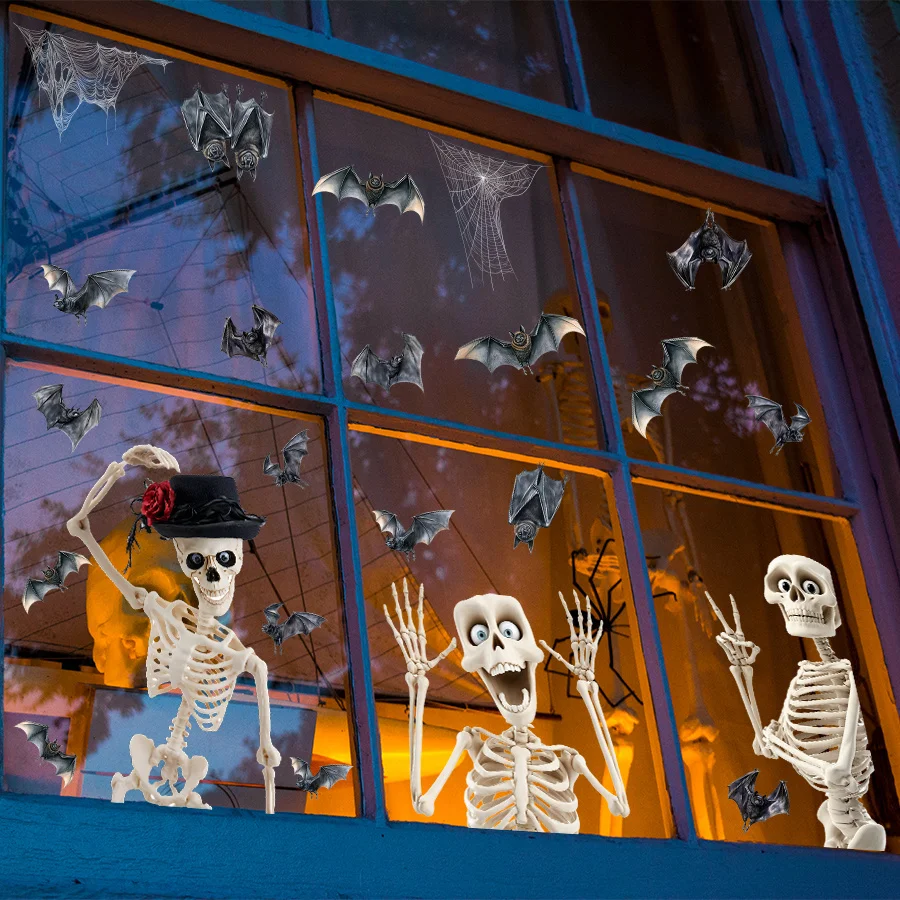 Halloween Skeleton Bat Spider Web Static Window Clings,No Residue Glass Stickers for Home Window Door Party Indoor Halloween