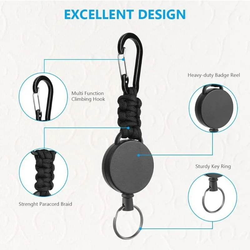Portachiavi Retrattile EDC Con Clip E Cavo Antistrappo - Antifurto, 60 Cm Di Estensione - Colore Nero