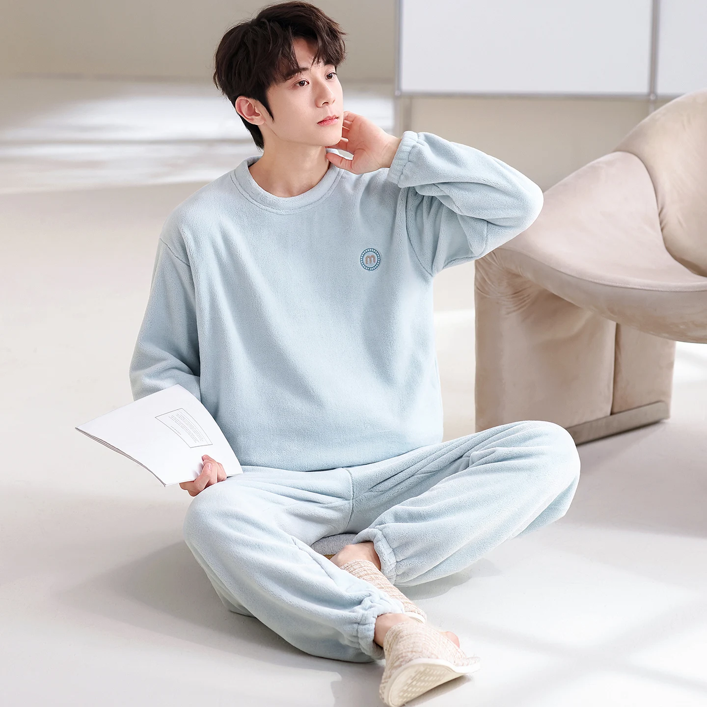 

Мужские пижамы из плотного кораллового флиса, осенне-зимние пижамы, мужская пижама, одежда для сна с длинными рукавами и круглым вырезом, пуловер для отдыха, комплект для сна