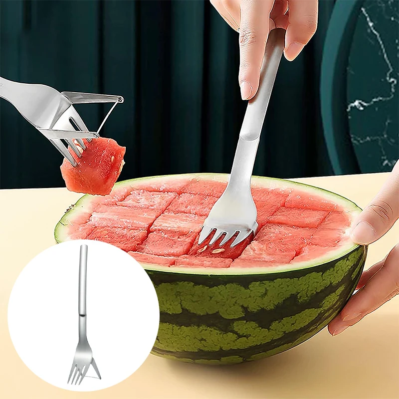 Watermelon Slicer Fruit Cutter Multi-Purpose Vegetable Tongs Coring Tool Cutting Gadget Watermelon Fork Cube  Portable Cutter