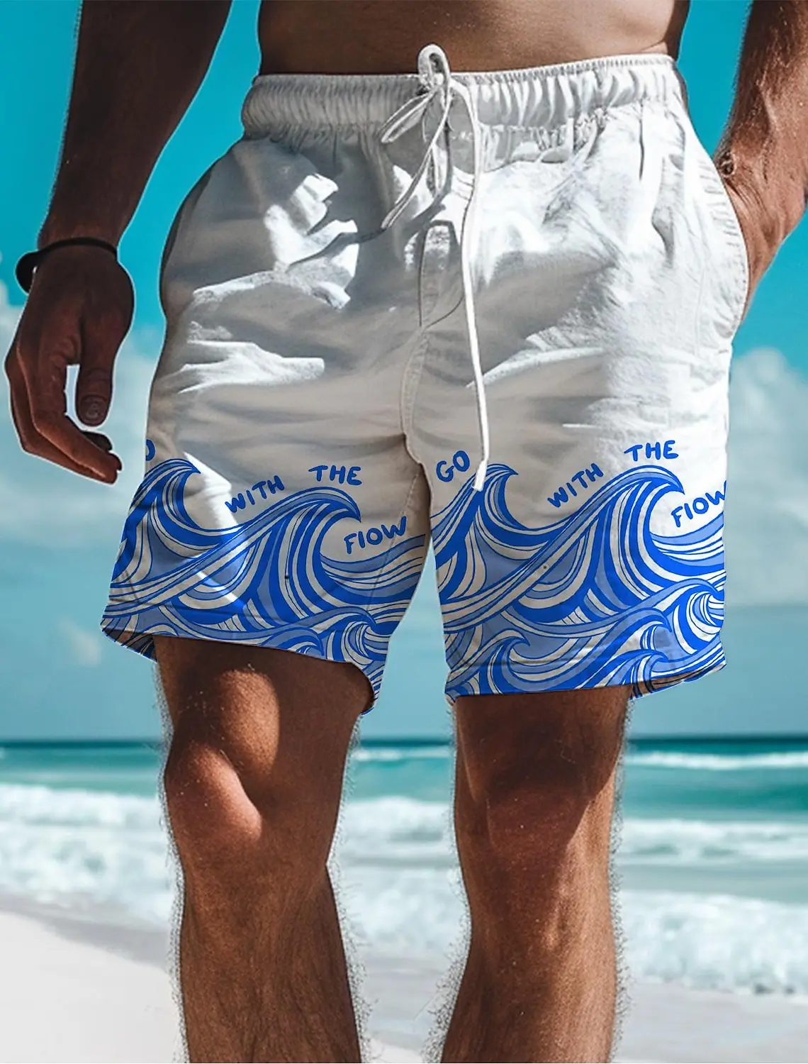 Waves Men\'s 3D Printed Board Shorts Swim Trunks Elastic Waist Drawstring Summer New Hawaiian Beach Style Letter Design