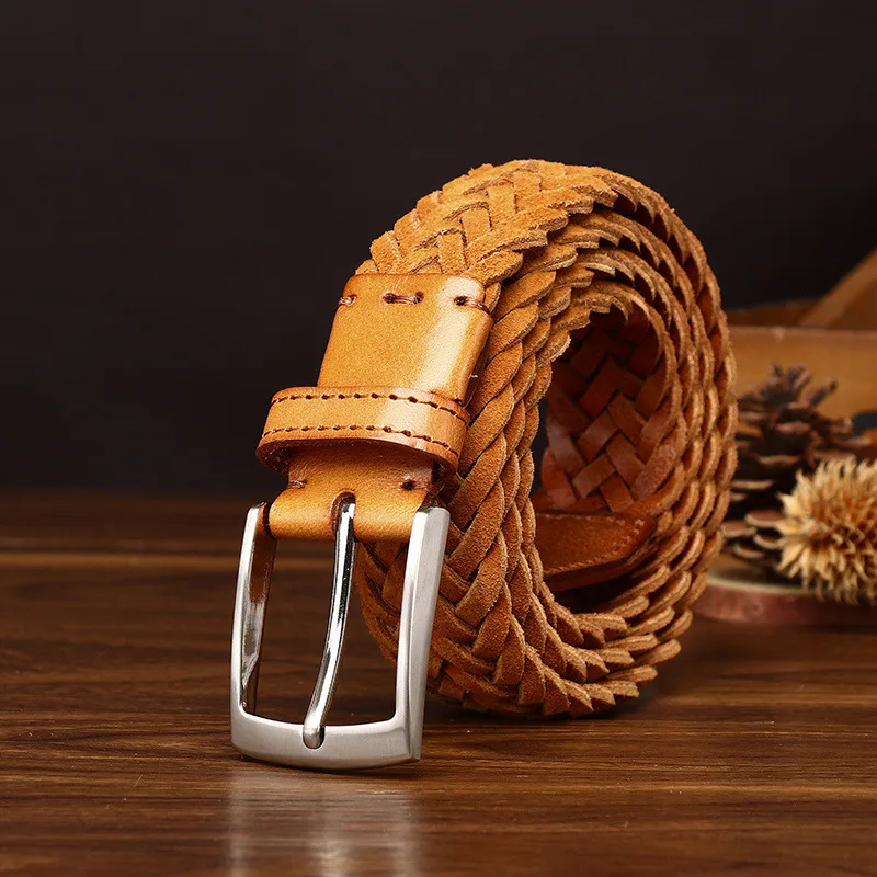 3.4cm Neutral Handmade Woven Suede Belts for Women and Man Personalized Trendy Vintage Versatile Genuine Leather Pants Belt