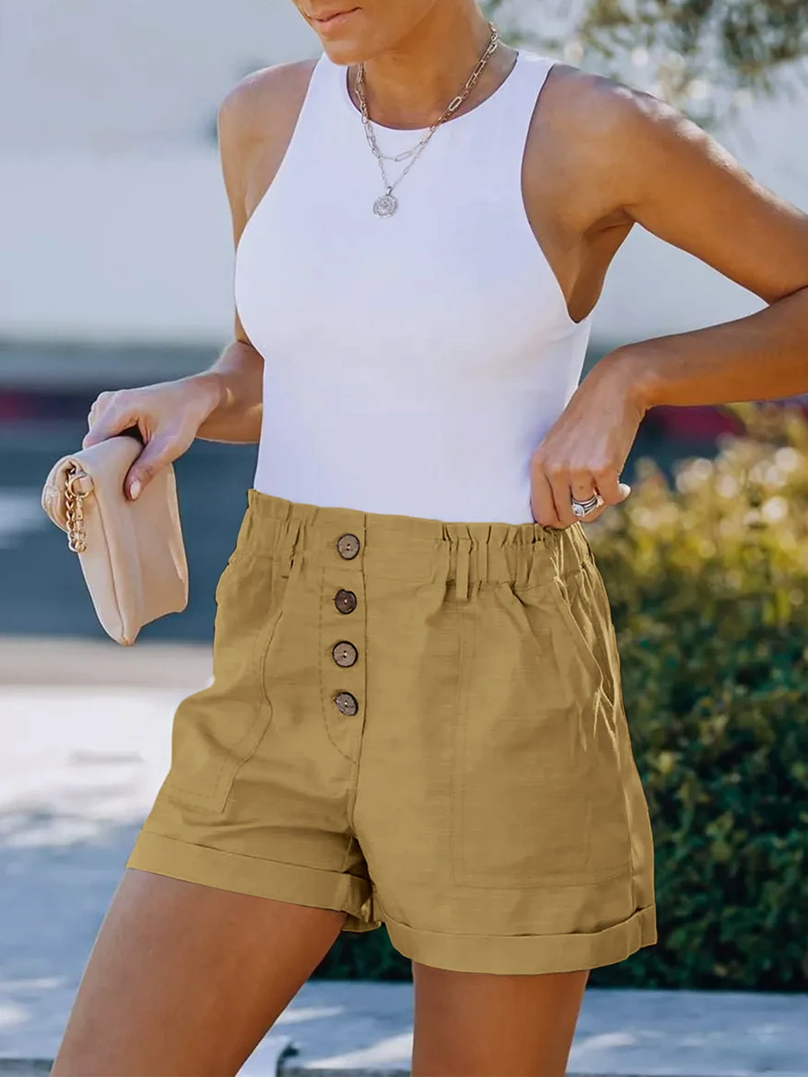 Women Summer High Waist Shorts Casual Elastic Waist Button Fly Pocket Wide Leg Loose Streetwear Short Pants Ladies Basic Bottom