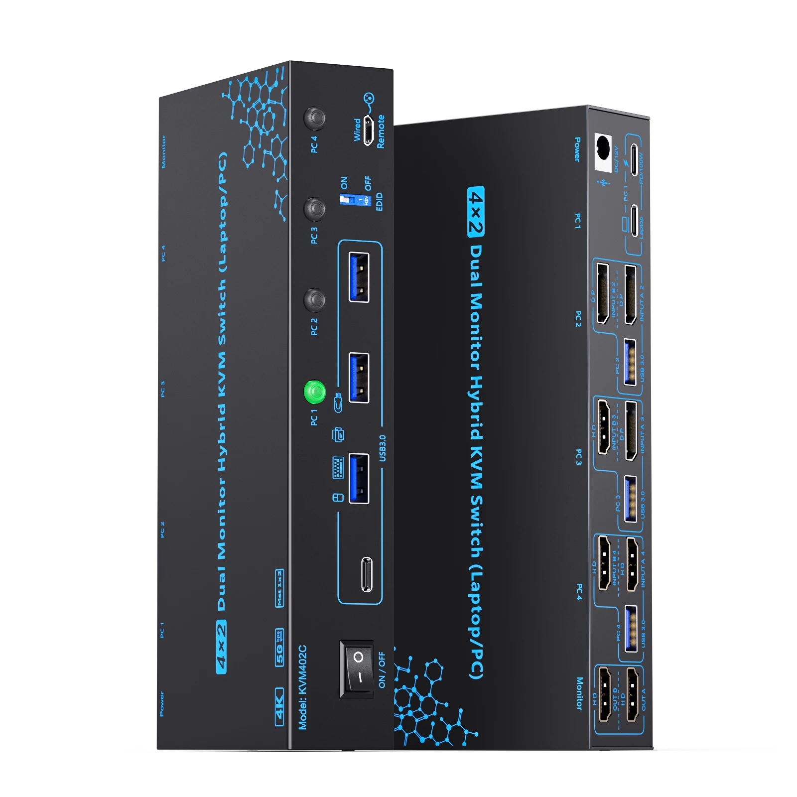 HDMI 2 Monitors 4/2 Computers KVM Switch Laptop/Desktop 4/2 Port Hybrid USB-C Docking 4K@60Hz KVM Switch Support PD100W Charging