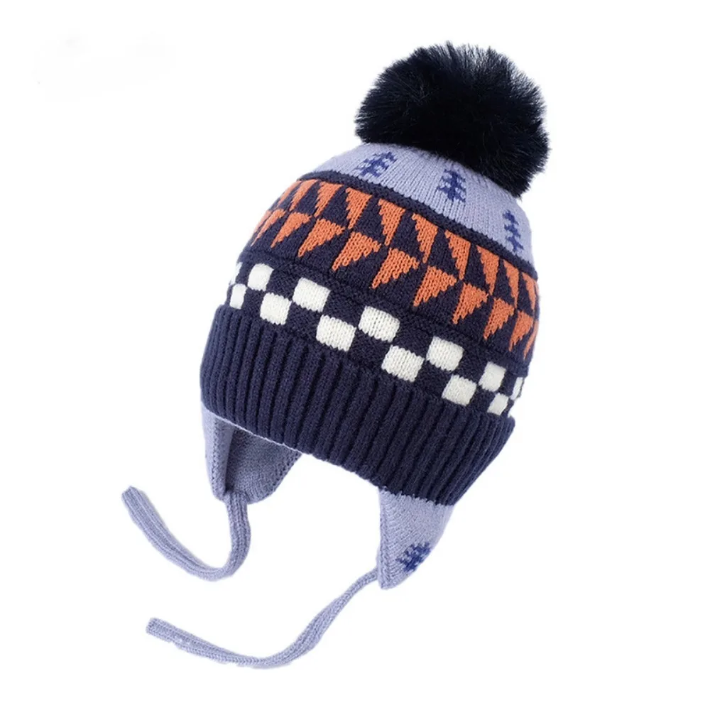 

Cute Jacquard Baby Knitted Hat Hairball Soft Children Beanies Cap Ear Protection Fleece Wool Kids Earmuffs Cap Boys