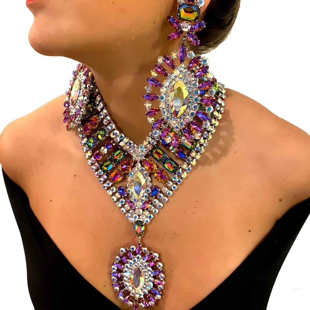 Stonefans Exaggerated Necklace Earrings Set Wholesale for Women Drag Queen Accessories Large Rhinestone Statement Jewelry Set