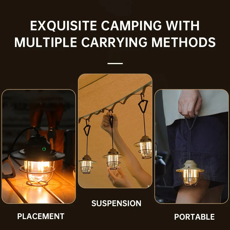 LCS Campinglamp 1200mAh Mini-kroonluchter 2700K 6500K Retro sfeerkroonluchter Traploos dimmen Type C Opladen voor buiten