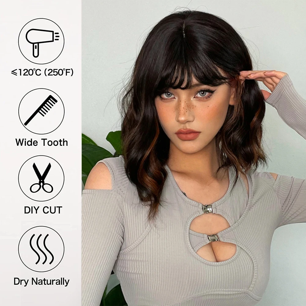 باروكة بوب صناعية باللون الأسود والبني، باروكات قصيرة مموجة مع غرة للنساء، مقاومة للحرارة، للاستخدام اليومي، باروكات شعر وهمية