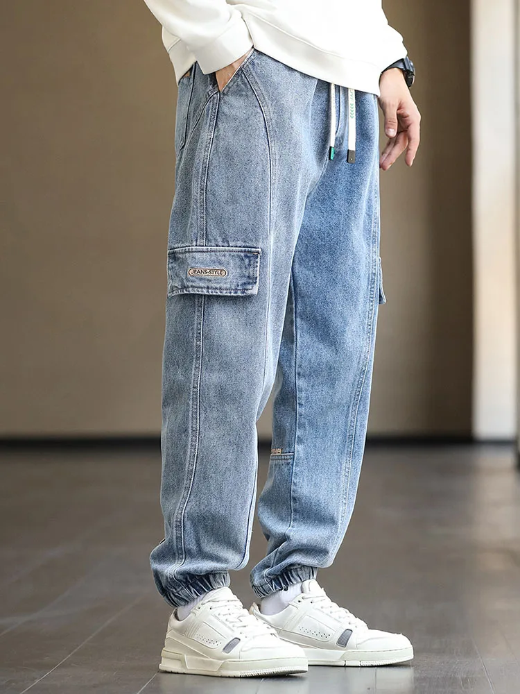 Plus Size Men\'s Cargo Jogger Jeans Hip Hop Streetwear Fake Pockets Stretched Cotton Casual Denim Pants Baggy Jean Trousers 8XL