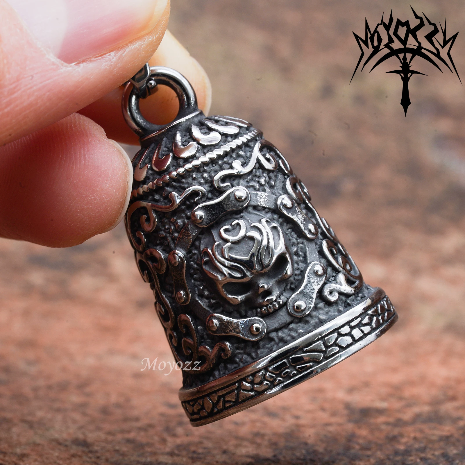 New Skull Motorcycle Guardian Bell Silver/Gold Men\'s Rock Hip Hop Party Stainless Steel Bell For Mens & FREE Bell Hanger