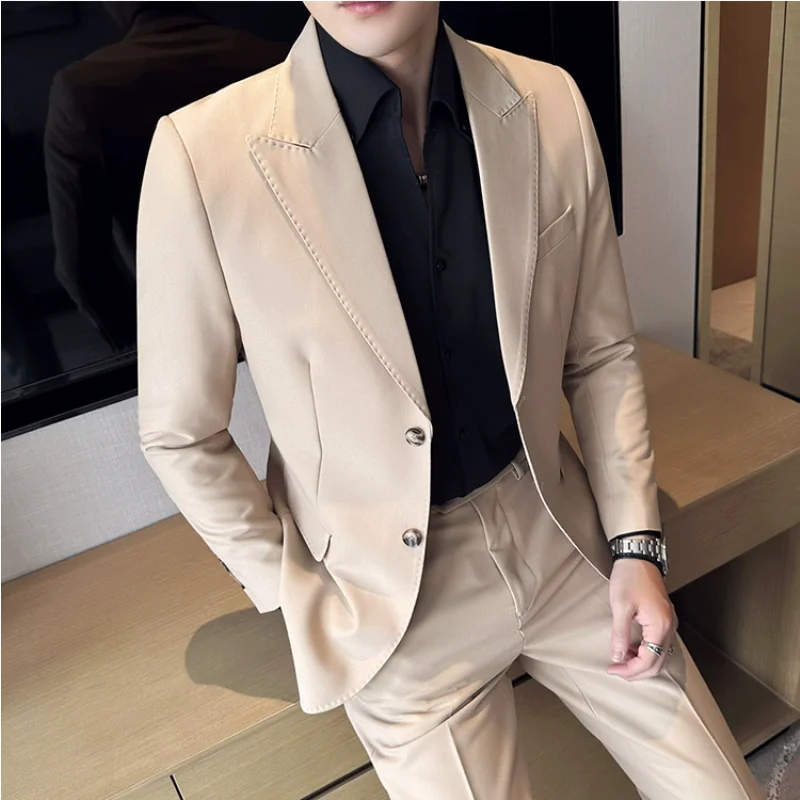 Jacket + Pants 2 Pieces Men\'s Elegant Fashion Slim Fit Suits Formal Business Wedding Tuxedos Casual Gentleman Solid Dress Suit