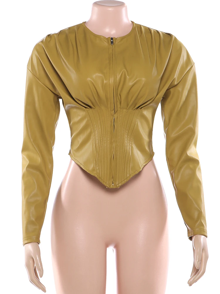 Sisterlinda Unregelmäßige PU-Crop-Jacke für Damen, Luxuriöse Taillenbetonte Frühlingsjacke mit Reißverschluss, Langarm, Streetwear, Klassischer Mantel für Bürodamen