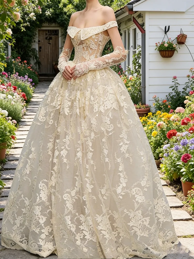 أنيقة قبالة الكتف الدانتيل كم كامل ألف خط فساتين زفاف العروس أثواب الزفاف حسب الطلب