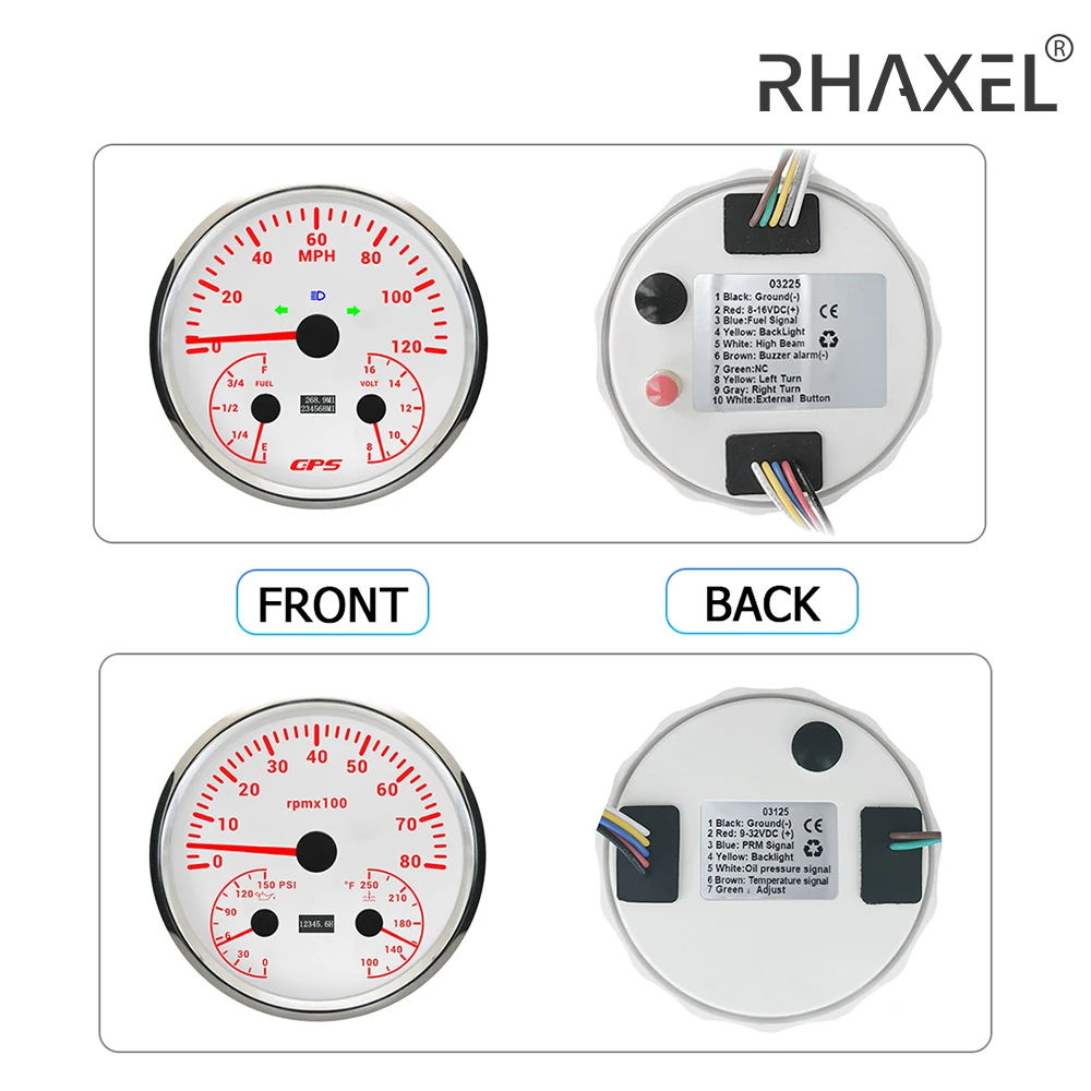 RHAXEL 110mm 2 Gauge Kit Speedometer 120 200 MPH GPS Tachometer RPM Fuel Level Water Temp. Oil Pressure 0-150PSI Volt for Car