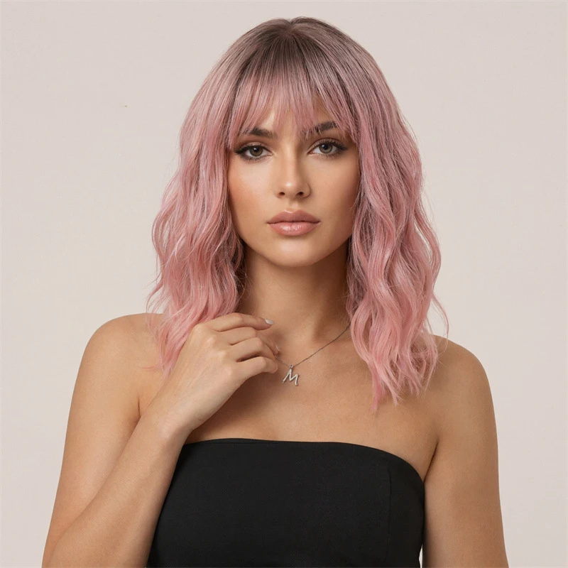14Inch Short Water Wave Wig With Air Bangs For Women Natural Hairline Breathable Adjustable Cap Daily Cosplay Fashion Wig
