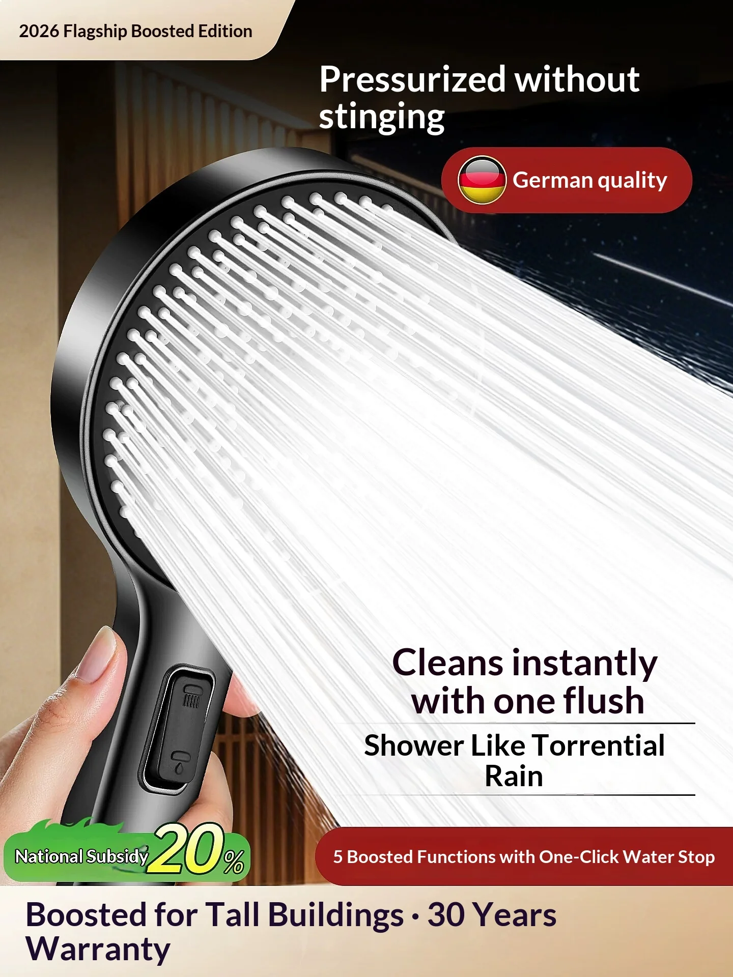 German Pressure Boosting Shower Head High Flow Bathroom Rain Shower Nozzle