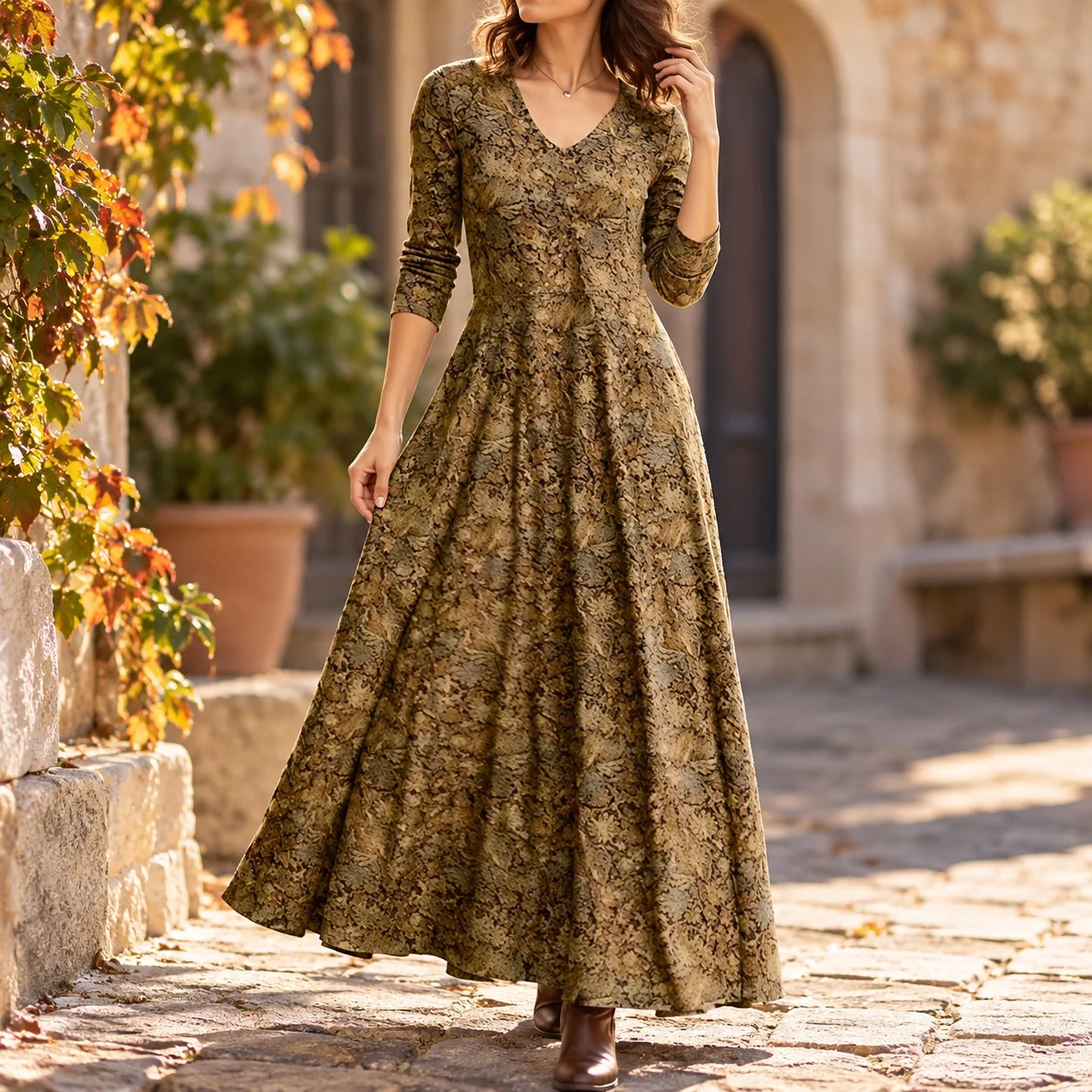 Printed Long Sleeve Skirt with Loose Waist Casual a Line Long Skirt for Women Autumn V Neck Regular Sleeve Pullover 3d Pattern