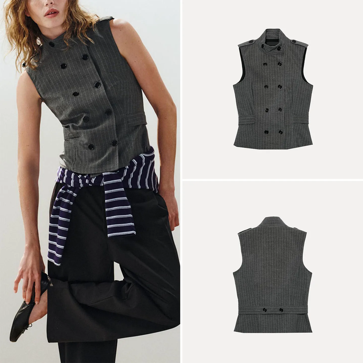 Fashionable Women's Sleeveless Stand Collar Vest 2026 Autumn New Arrival Button Strap Design Top ZADATA Brand Outerwear