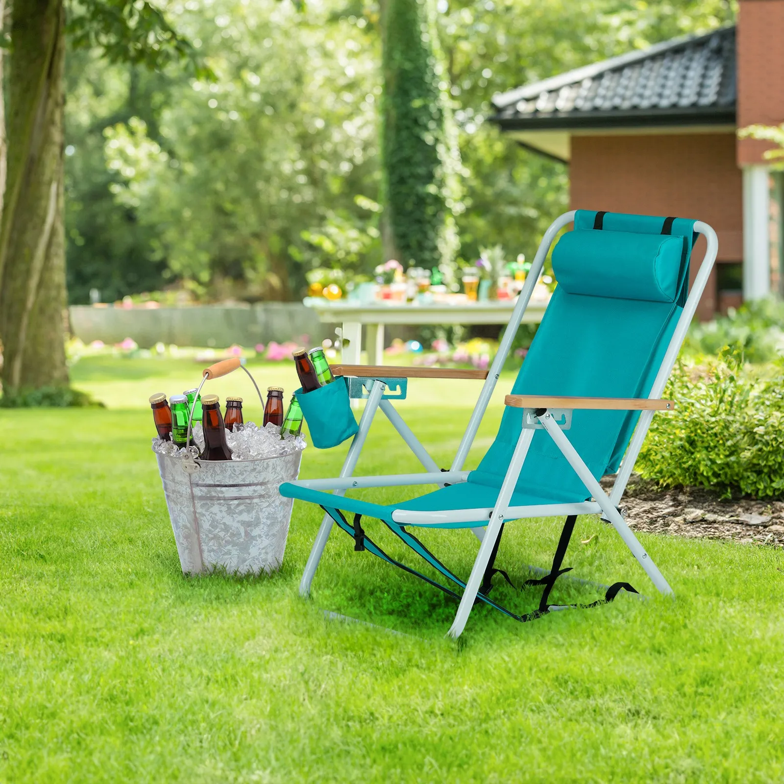 

Folding Backpack Beach Chair,4-Position,Pillow,With Cup Holder Adjustable high