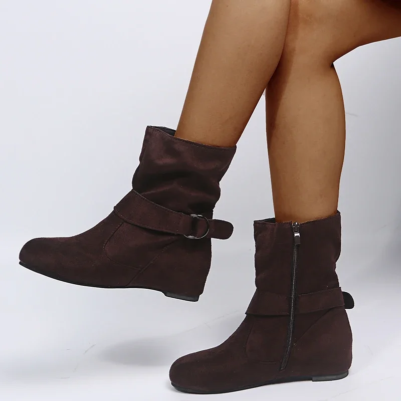 

Soft Sole Inside Booties Fashion Round Toe Suede Side Zipper Metal Buckle Non-Slip Low Heel Shoes