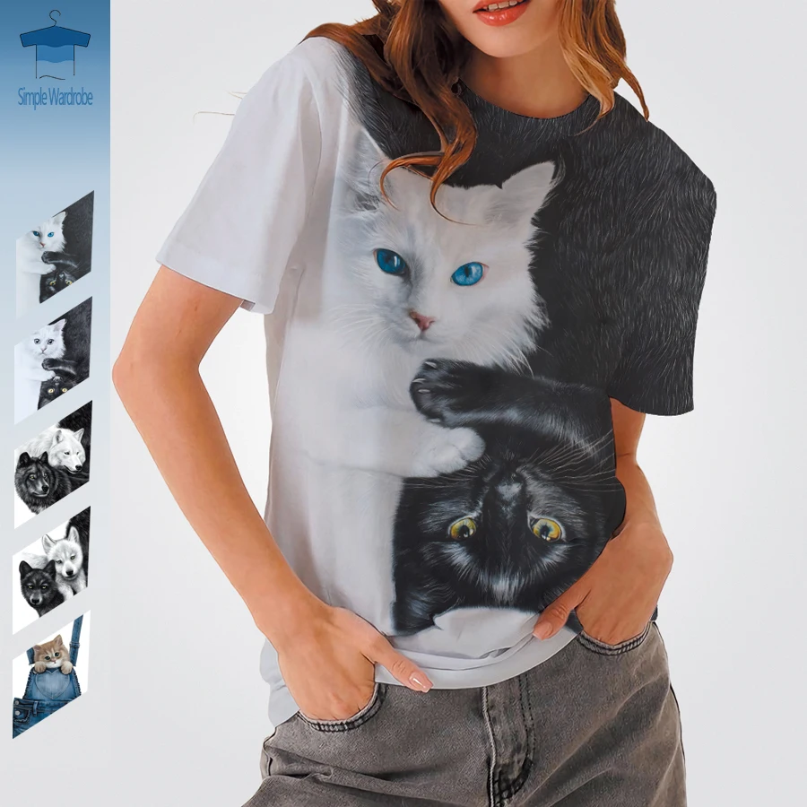 Funny 3D Cat Lady T-shirt Women's Short Sleeves Harajuku Tees Plus Size Animal Men Clothing Yin and Yang Popular Oversized Tops