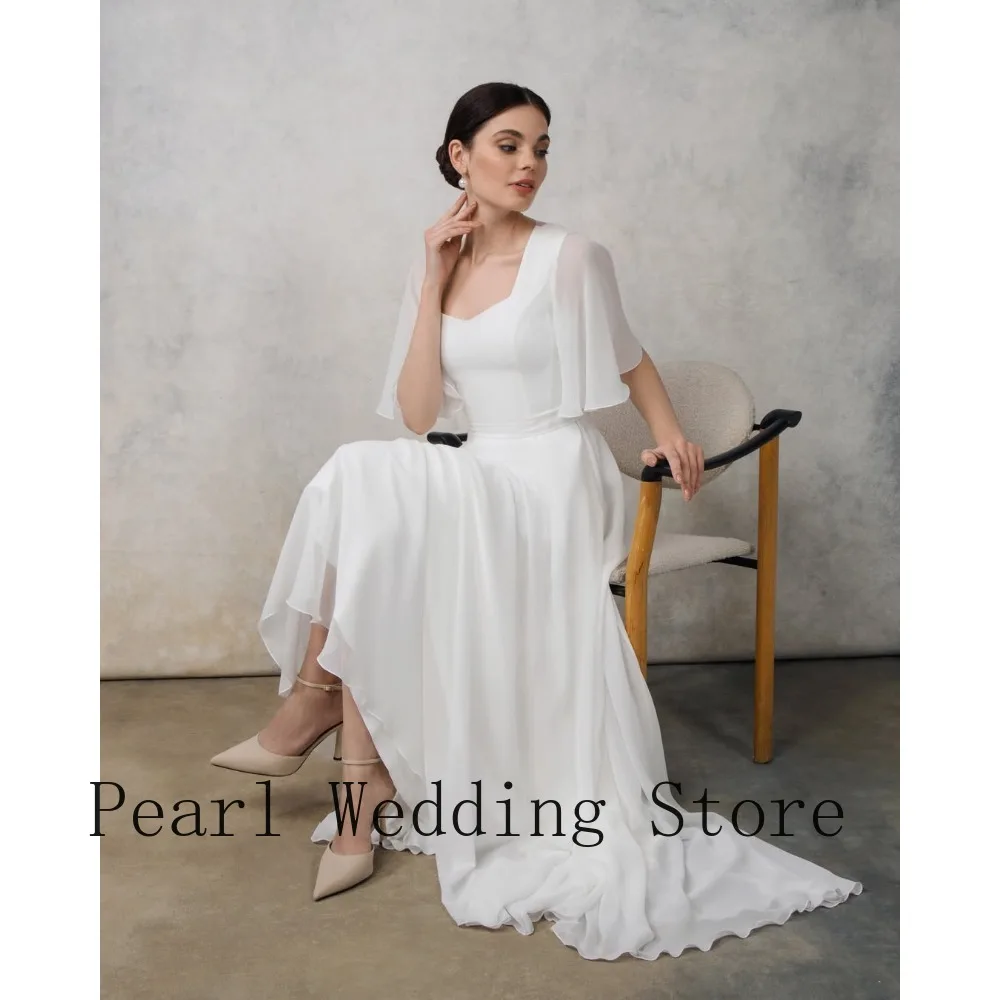 Customized 2026 New White Square Neck Wedding Dress Chiffon Flutter Sleeve A-Line Train Formal Bridal Gown