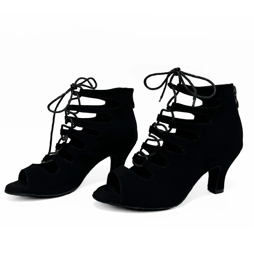 Indoor Latin Ballroom Salsa Dance Shoes Black Nubuck Dance Booties With 6cm and 7.5cm Heel QT001