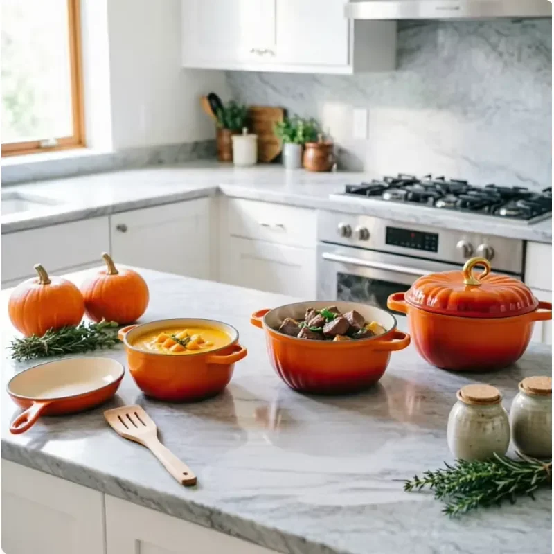 4-Piece Cast Iron Enamel Cookware Set, Multi-Functional Combo Including Stockpot & Frying Pan, Compatible with Gas Stoves