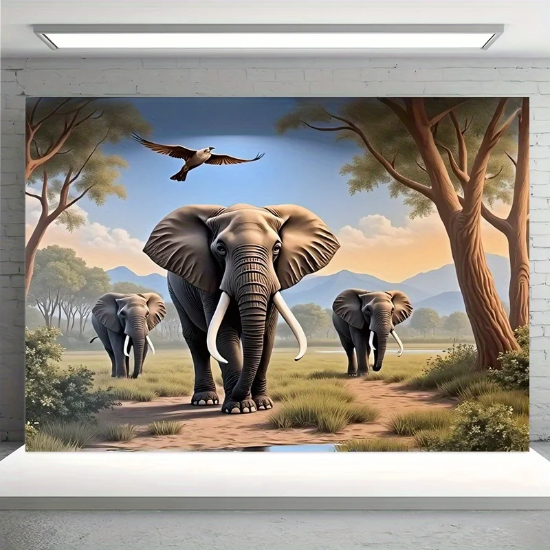 Tapiz de pared con estampado de manada de elefantes africanos, telón de fondo con estampado de sabana, tela de fondo para fiestas de vida silvestre, decoración temática de safari para el hogar, sala de estar y dormitorio
