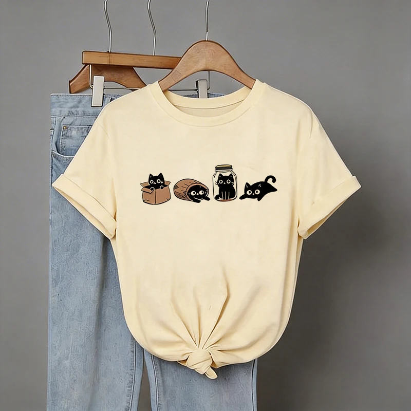 90s Summer T Shirt with Four Black Cats in Different Poses Print Women's Y2K Casual Tops Round Neck Short Sleeve T-Shirt Clothes