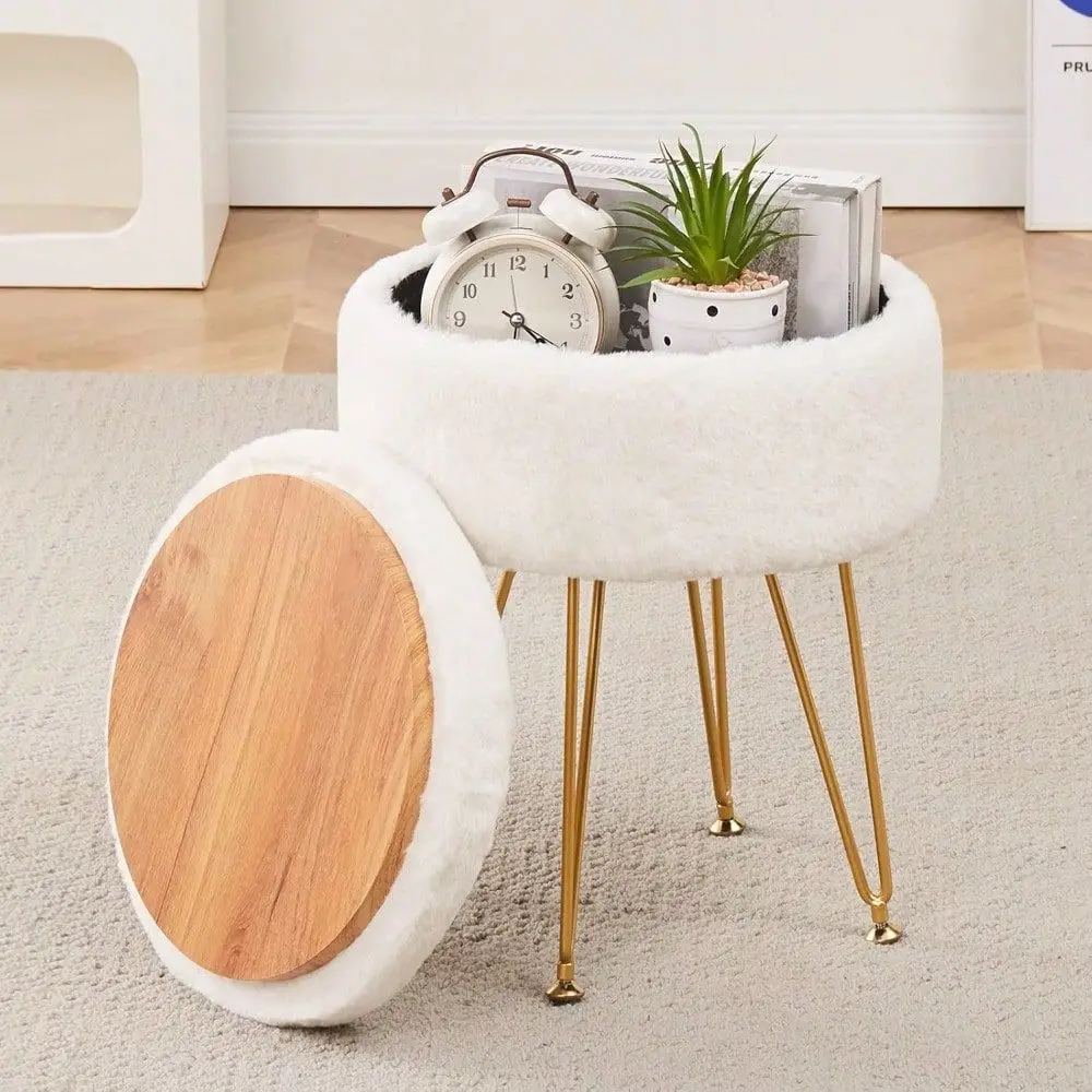 Footrest Footstools Round Faux Fur Ottoman With Storage Space Soft Vanity Chair Seat Coffee Table Ottoman Small Side Table Meta
