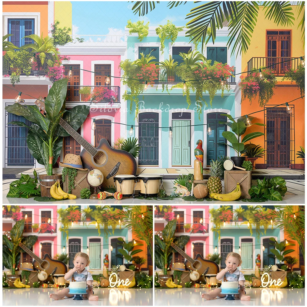 

San Juan Set Photo Background Birthday Cake Smash Photography Backdrop Town Guitar Bananas Pineapples Photo Studio Props