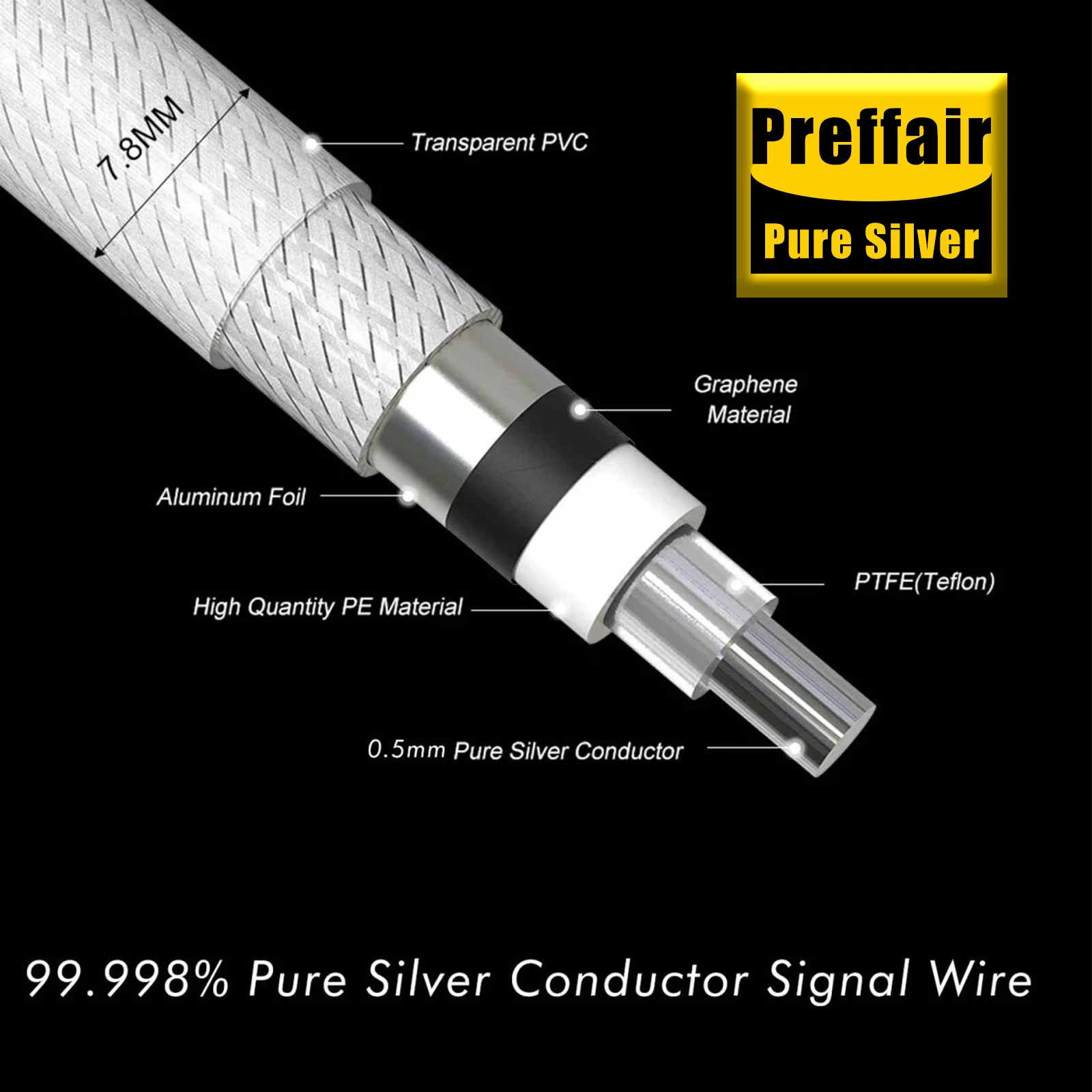 Preffair High Quality 1 pair of High-purity Pure Silver Signal Audio Cable RCA CD Amplifier Connection Cable