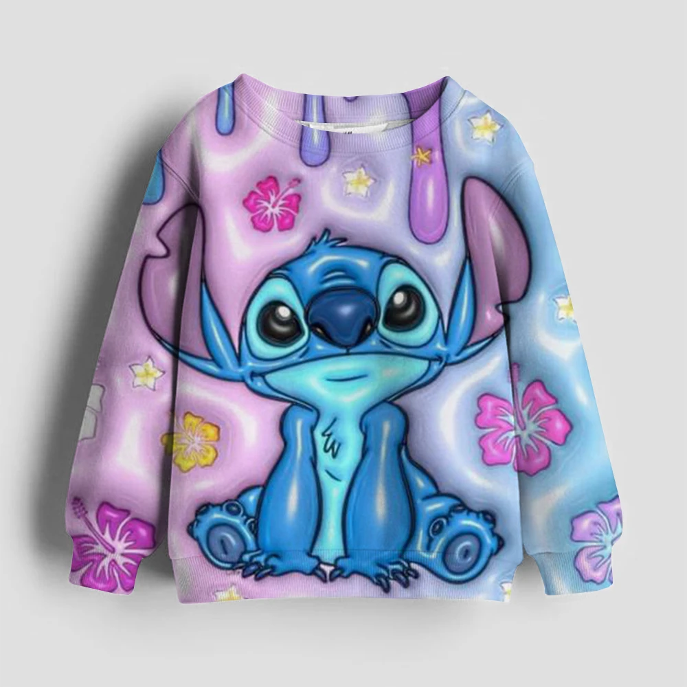 Fashionable girl clothing, spring tops for girls, cute Stitch patterned long sleeved round neck hoodies, essential for sweet gir