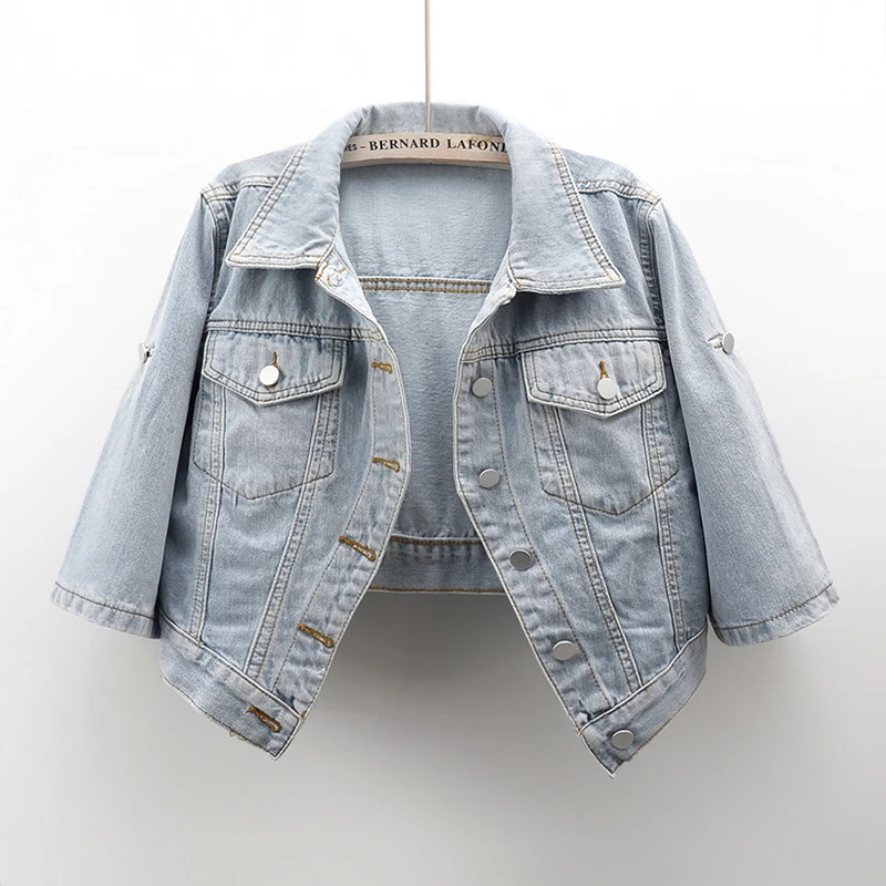 

Summer Thin Slim Short Sleeve Denim Jacket Coat Women Vintage Light Blue Cowboy Outerwear Korean Big Pocket Jeans Jacket Female