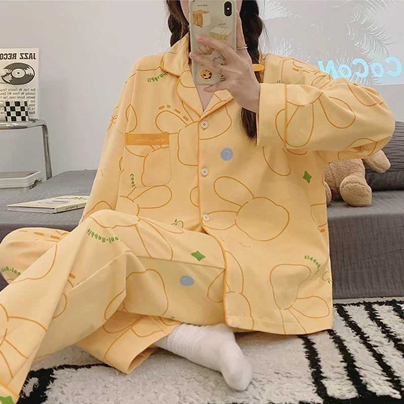 Spring Autumn Knttted Cotton Women\'s Pajamas Sets Turn-down Collar Homesuits Cartoon Sleepwear Girls Homewear Chic Woman Pijamas