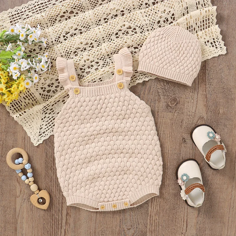 

Newborn Baby Bodysuit Knit Infant Boy Jumpsuit Outfits 2pcs Sleeveless Summer Girl Sling Clothing Hat 0-18M Fashion Solid Romper