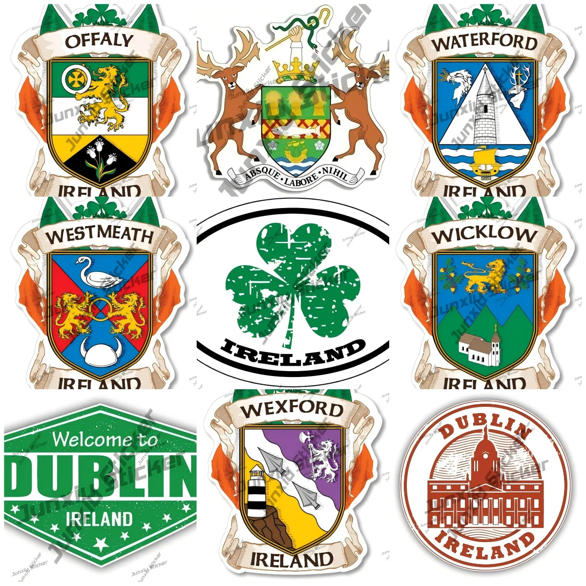 

Lucky Charm Shamrock Ireland Sticker Wexford Westmeath Tipperary Dublin Ireland Grunge Travel Stamp Car Bumper Exterior Decal