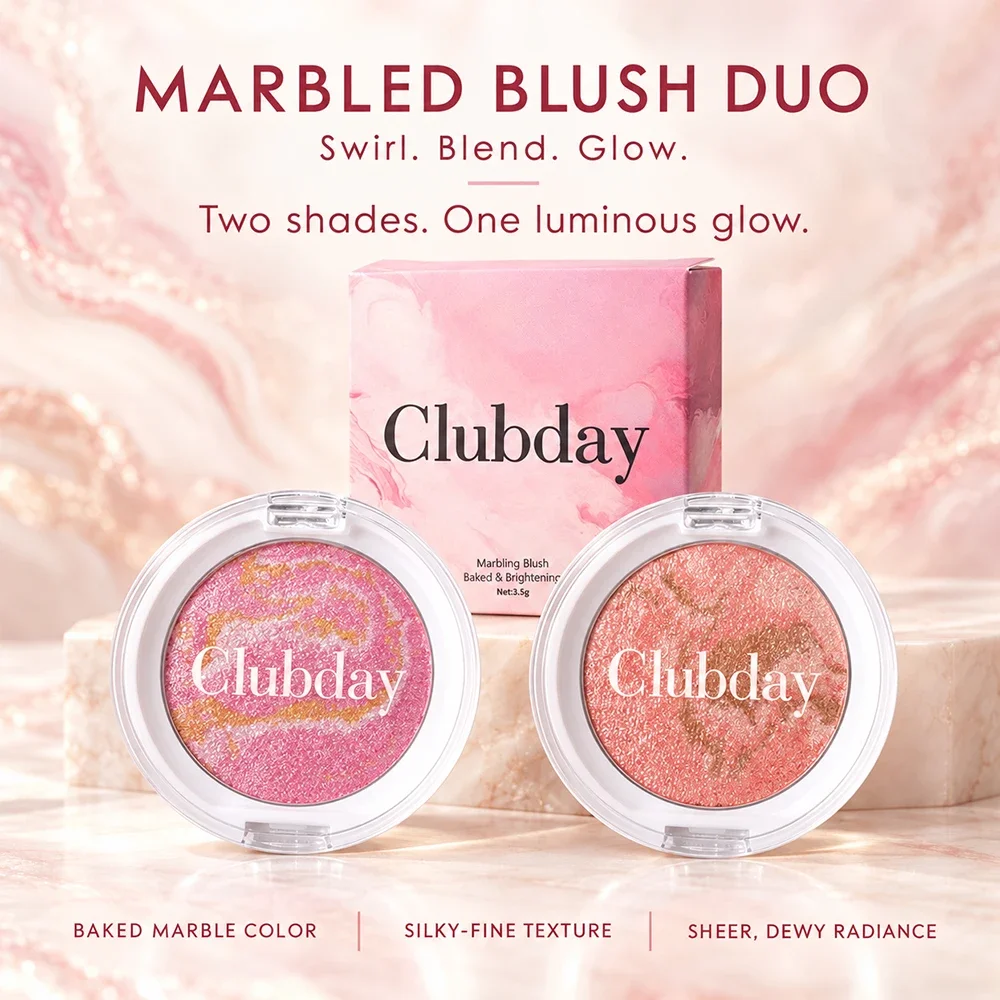 Marbled Baked Blush Duo, 2Pcs Swirl Blush Powder, Silky Blendable Cheek Makeup, Dewy Luminous Finish for Daily Makeup