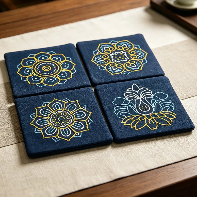 

DIY Sashiko Embroidery Coaster Kit, Hand Sewing Material Set with Preprinted Fabric, Heat Resistant Mat for Beginners Craft