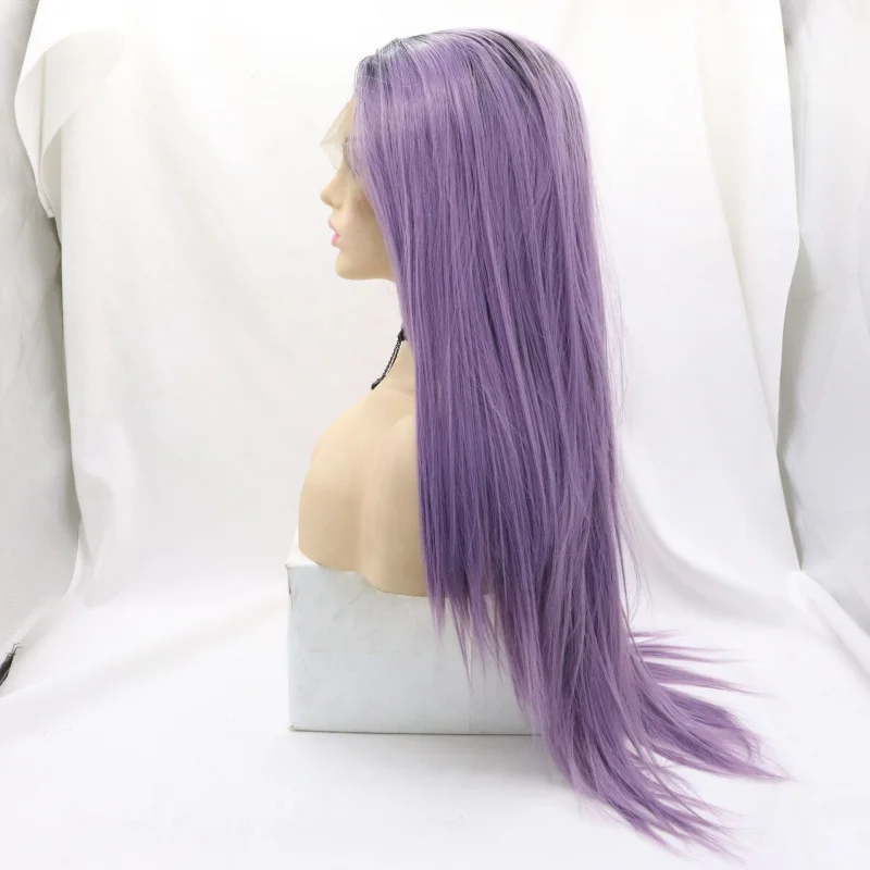 Hand-woven front lace synthetic fiber wig, gradient purple, free-parting long straight hair, comfortable and breathable full hea