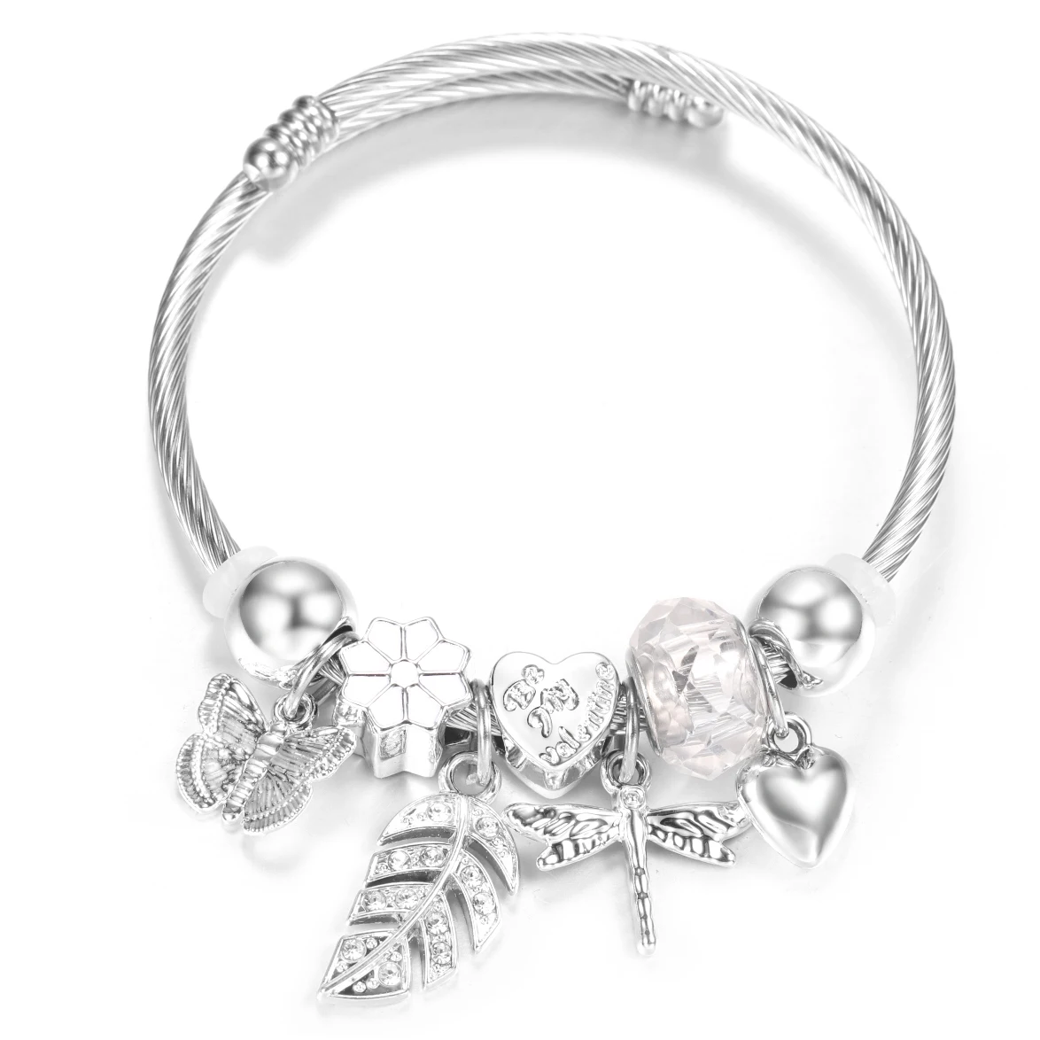 Rhinestone Palm Leaves Pendant Stainless Steel Beaded Bracelet 4 Colors Dragonfly Butterfly Closure Bangles Women Charm Bracelet