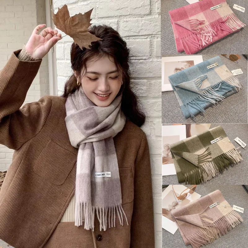 Checkerboard Grain Scarf Female Winter Warm Pure Wool Cashmere Shawl Couple Accessory Premium Sense Windproof Scarf For Women